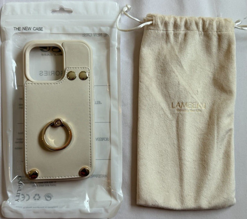 iPhone 14 Pro Wallet Case Cream Card Holder Ring Grip Stand LAMEEKU