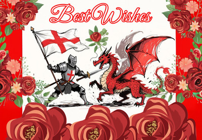 A5 Beste Wünsche Rosen St George & Dragon Grußkarte leer Inside Day England