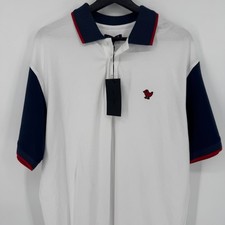 Bad Birdie Men's Golf Pique Polo Shirt White Navy Red Bird Embroidered Large NWT