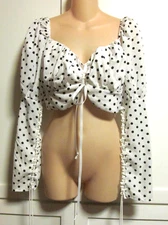 NWT NASTY GAL Lace Up Detail Black Polka Dot Spot White Long Sleeve Crop Top - M