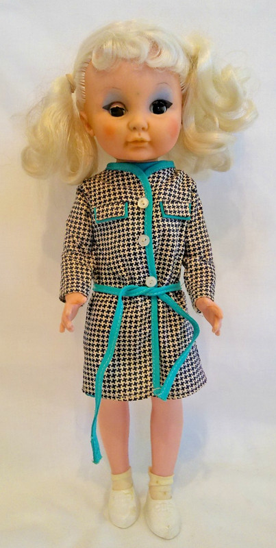 Vintage Doll  14" Black Eyes Rooted Hair Amazing Retro Outfit Dress Coat Panties