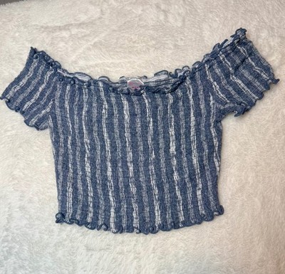 No Boundaries Top Womens M Smocked Off Shoulder Crop Blue White Stretch Ribbed