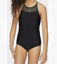 Justice Girls 1 Piece Swimsuit Black Size 14 Flower Cutouts Adjust Straps Lined