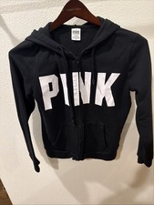 PINK Victoria s Secret Black Zip Up Hoodie Logo Sweatshirt Women s Small