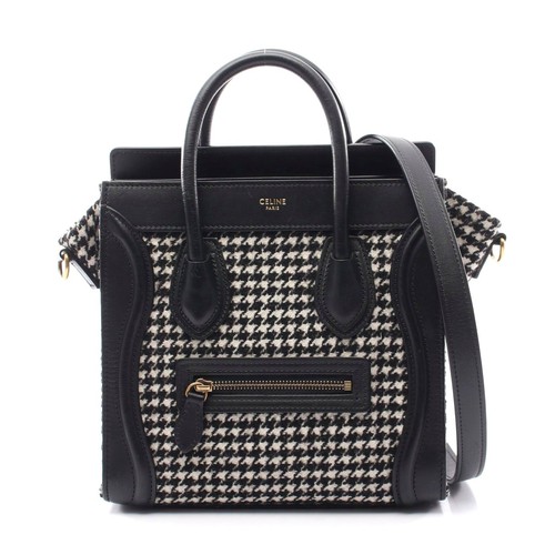 Celine Luggage Nano Shopper Houndstooth 2Way Handbag Women Black One Size