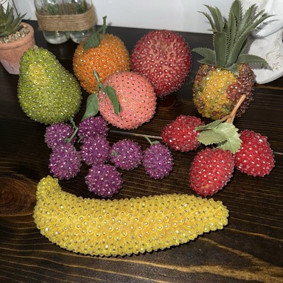 Vntg Beaded  Faux Fruit Pear Orange Apple Peach Pineapple Banana Berries Grapes