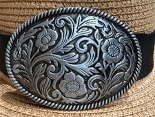 Antiqued Silver Oval Western Cowboy Floral  Vine Belt Buckle