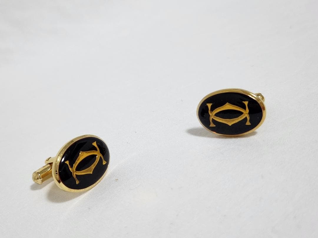 Cartier 2C Logo Cufflinks Oval Gold Black Men's Cuff Button