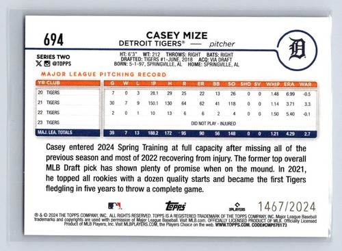 2024 Topps S2 #694 Casey Mize -Gold 1467/2024-Tigers - Picture 2 of 2