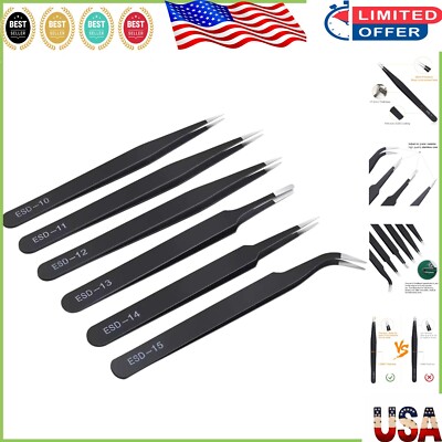 ESD Tweezers Set of 6 - Precision Tools for Electronics, Crafts & Jewelry Design