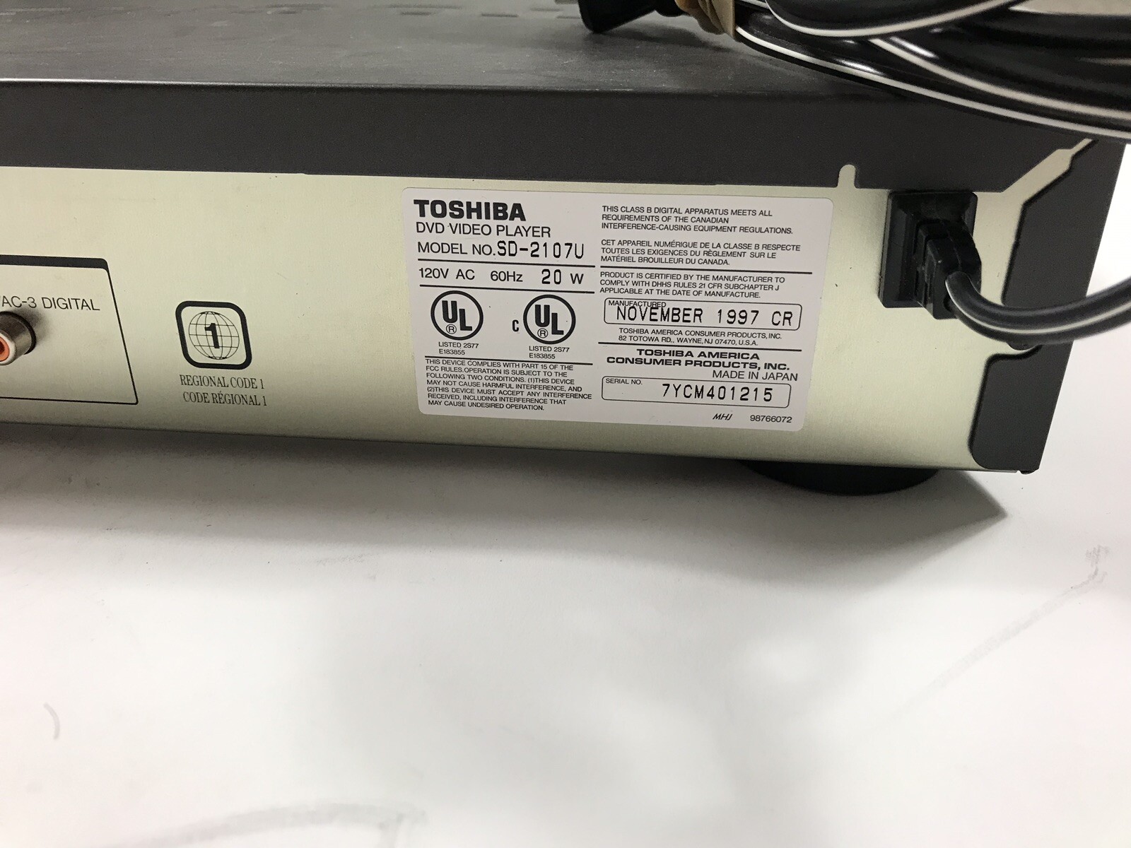 Toshiba DVD Video Player SD-2107U. The Remote Control Is Included.