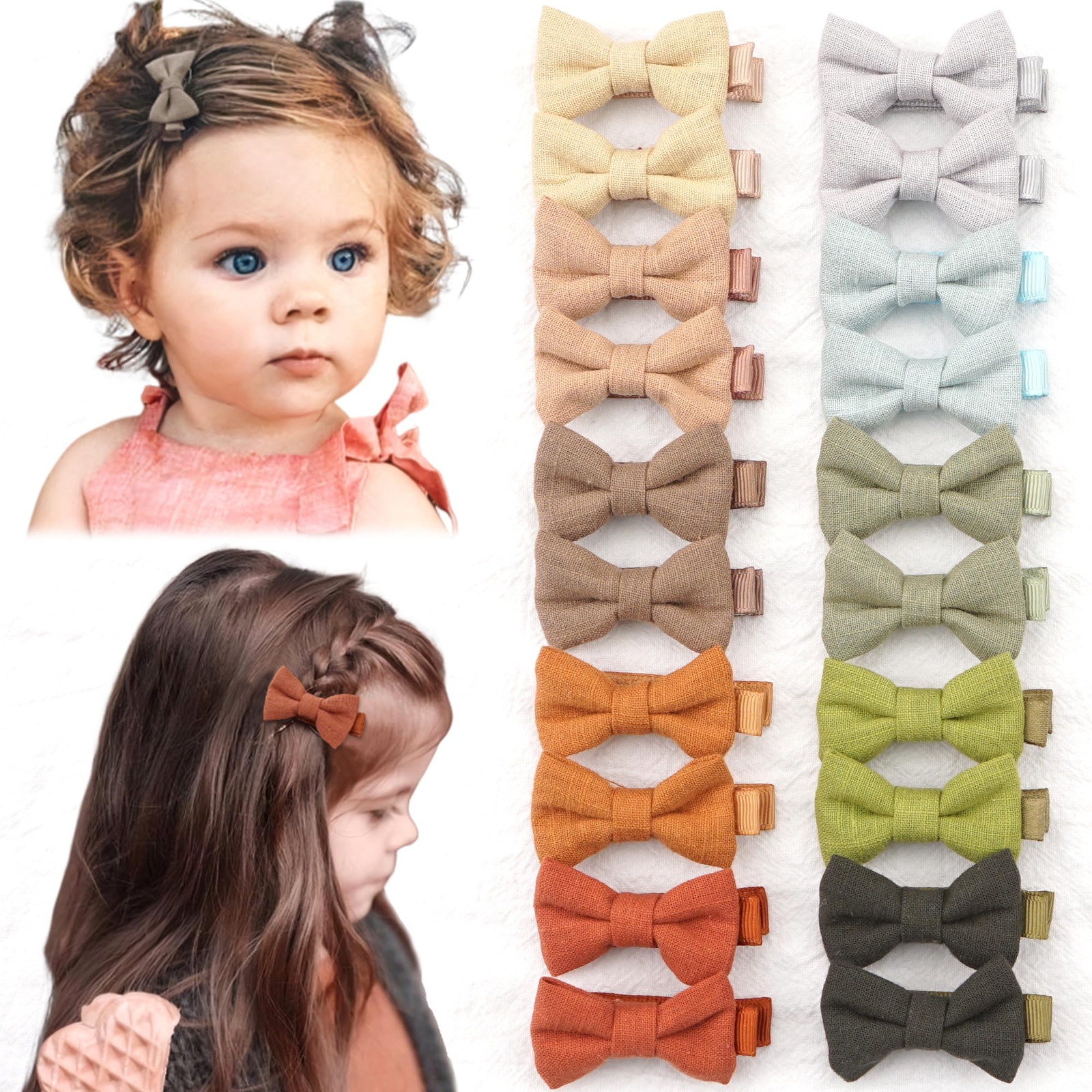 Linen Fabric Baby Hair Clips Small 2 inches Baby Hair Bows Fully Lined
