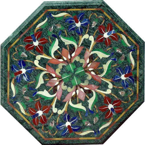 18-inch green marble table top with semi-precious stone inlay art handicraft