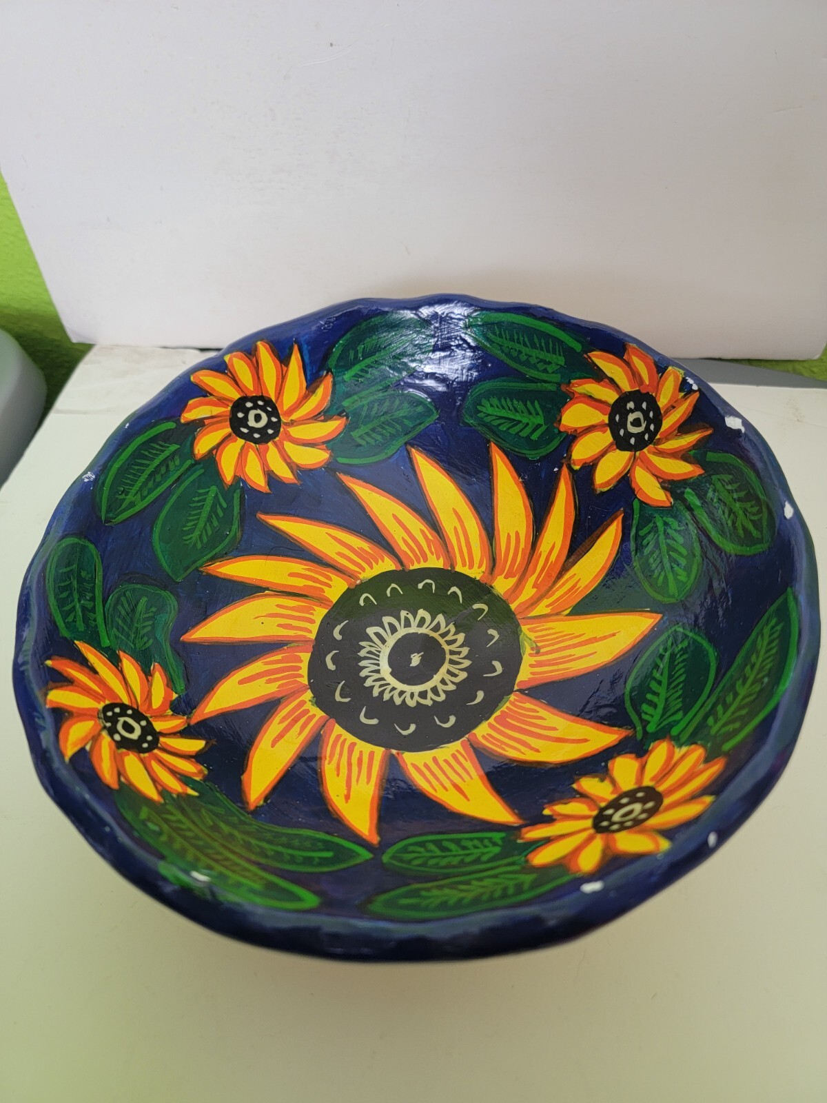 Vintage Hand Painted Terra Cotta Bowl Folkart Sunflowers Flowers Yellow Blue Vtg