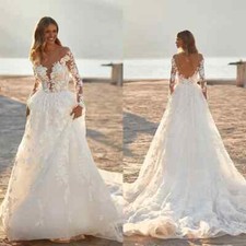 Classic Wedding Dresses Lace Applique Long Sleeves V Neck Bridal Gowns Train