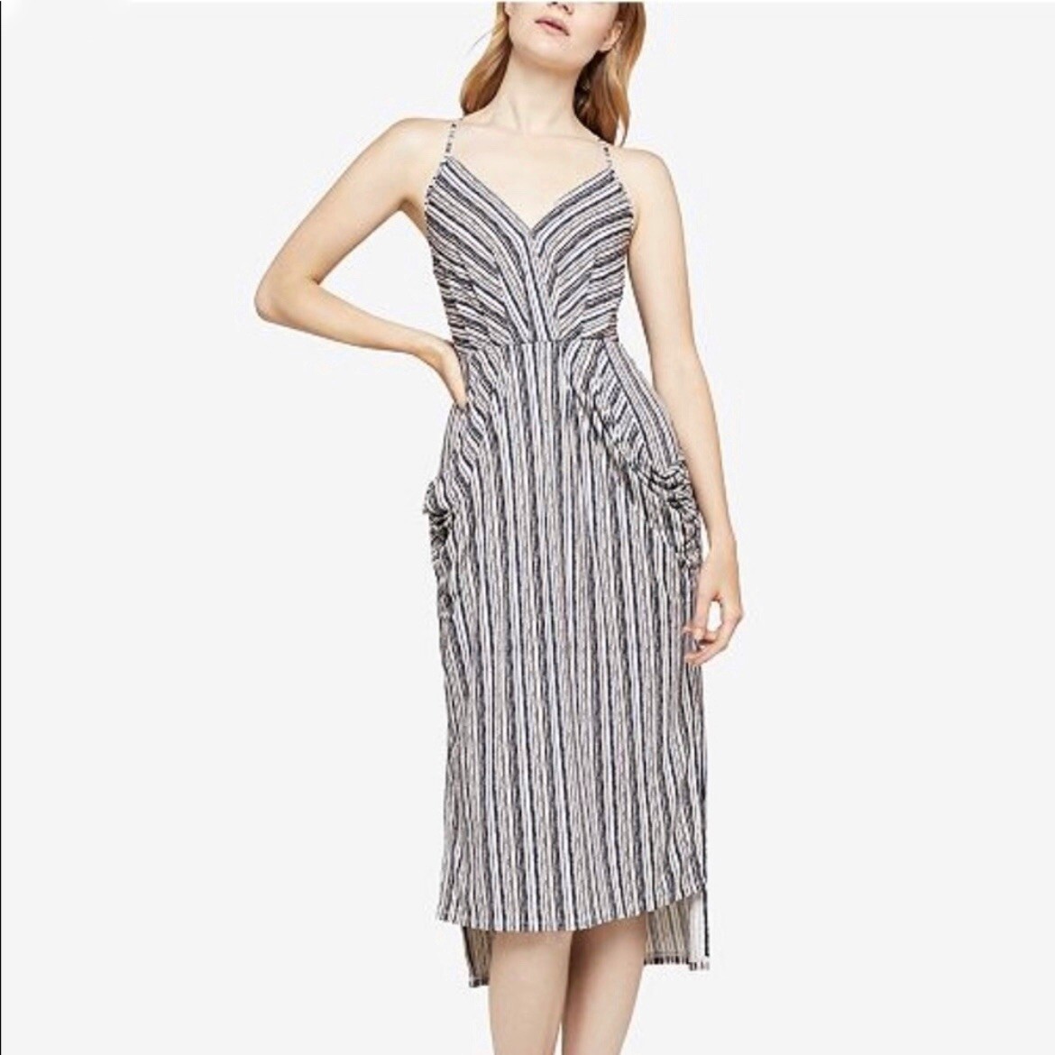 BCBGeneration Draped Pocket Surplice Striped Midi Dress Size XXS | eBay