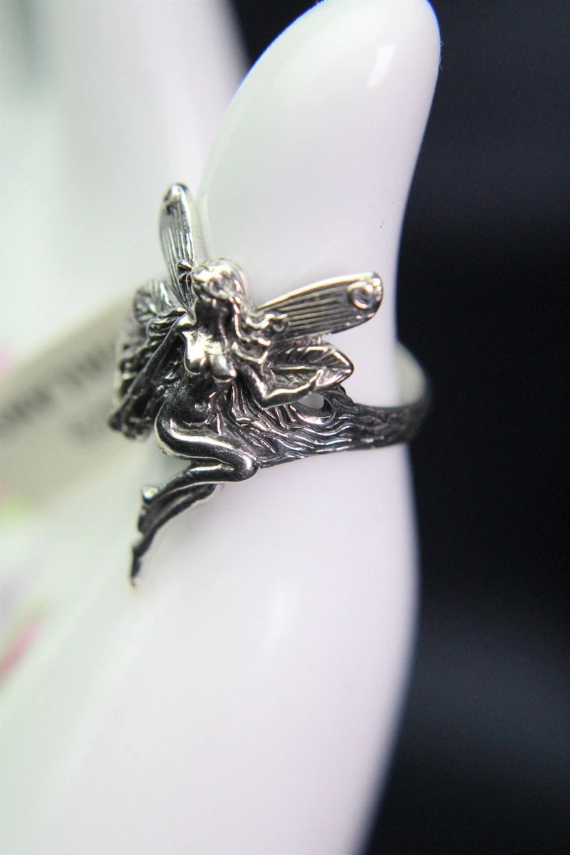 Sterling Silver Fairy Ring Lovely High Detailed Pixie Elf on Tree