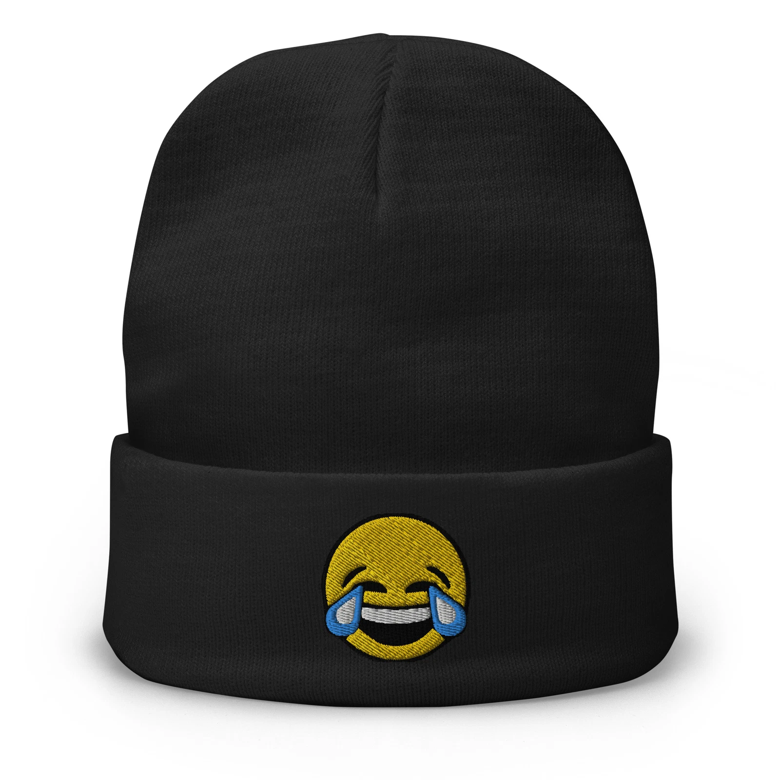 Tears of Joy Emoji Embroidered Cuff Beanie Crying Emoticon
