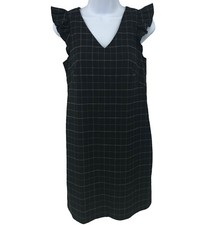 Check Plaid Dress Womens Size 2 Ruffle Cap Sleeve Preppy Career Black White Loft