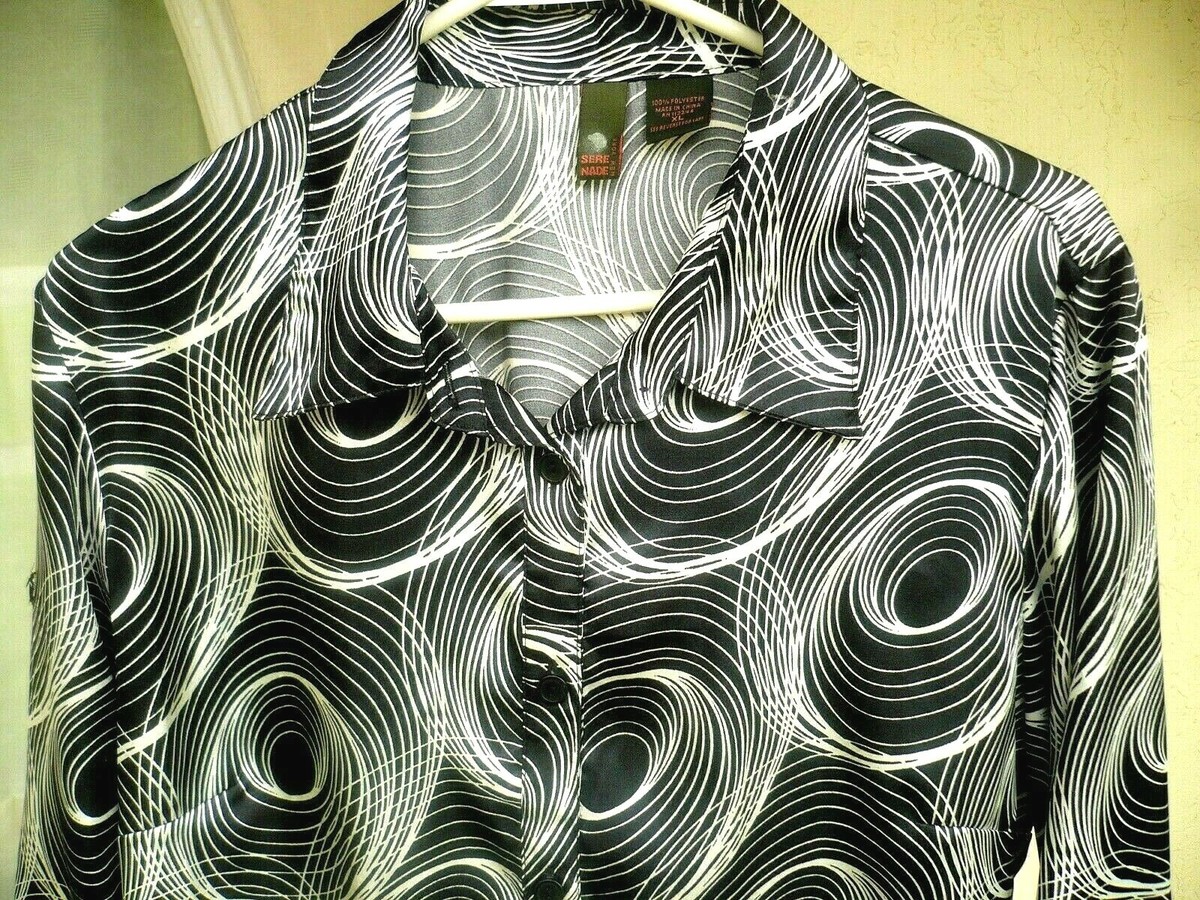 SERE NADE RETRO XL L SATIN GEOMETRIC ABSTRACT 3/4 SLEVE BUTTON