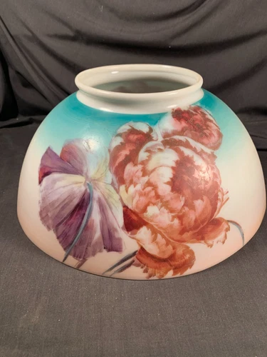Victorian Floral Painted Dome Milk Glass 14 inch Hanging Lamp Shade c1890s