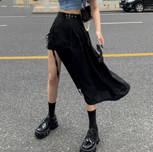 Gothic Lace Up Slit Black Long Skirt Punk High Waisted Belted Front Split Skirt - Picture 1 of 8