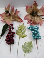 Lot of Christmas Pink Poinsettia Floral Picks -Glitter-Teal  Burgundy Berries