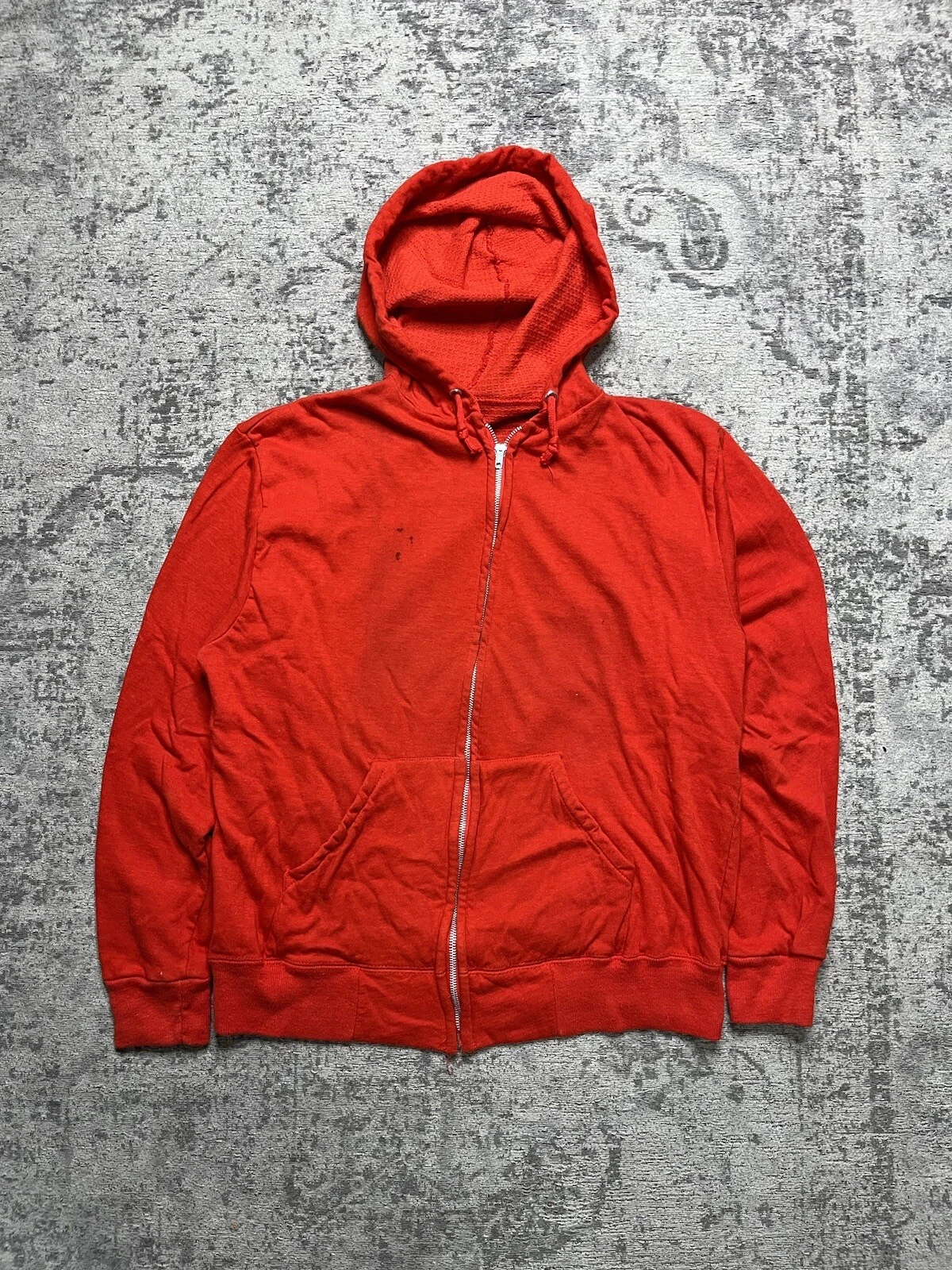 Vintage 60s Zip Thermal Hoodie Sweatshirt Waffle Lined Size XL Fits Medium Red