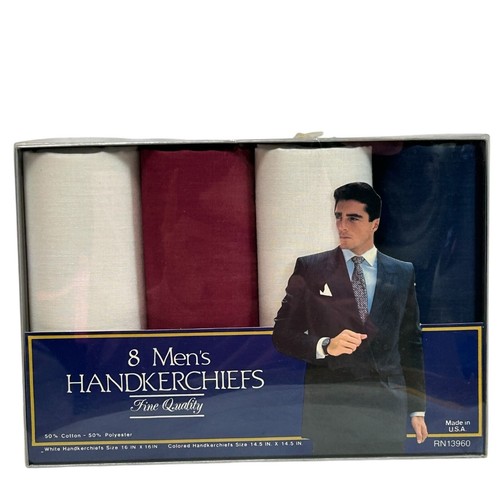 8 Mens Handkerchiefs Fine Quality 16" & 14.5" White Navy, Maroon Gift Box Set