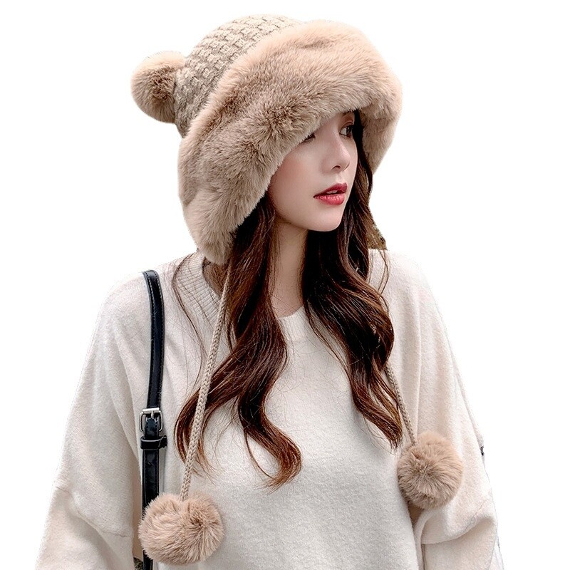 Lady Faux Fur Knit Beanie Trapper Hat Fleece Lined Snow Ski Cap