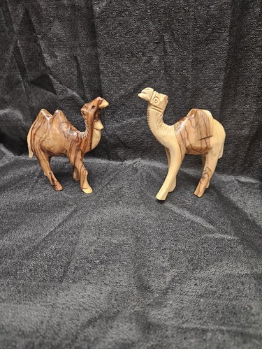 2 Hand Carved Wood Wooden Camel's Figurine Sculpture 4" Tall Animal Decor