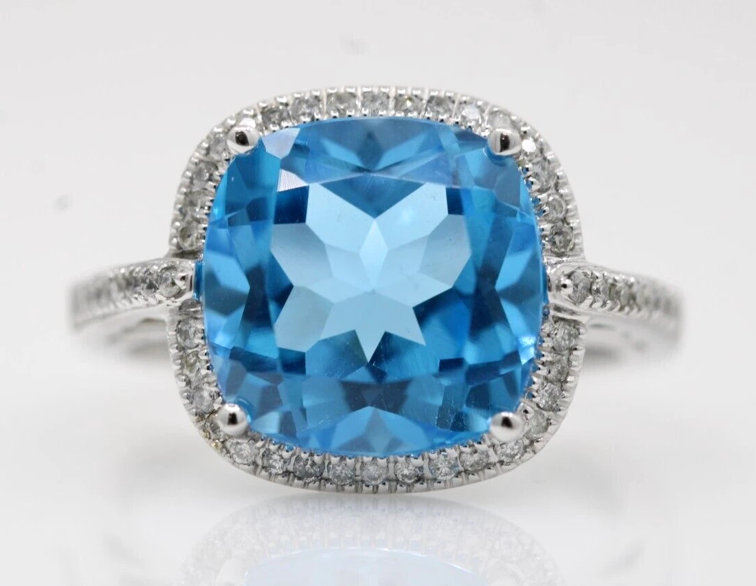 14K White Gold EMA Blue Topaz Diamond Ring Size 7 6.6 Grams eBay