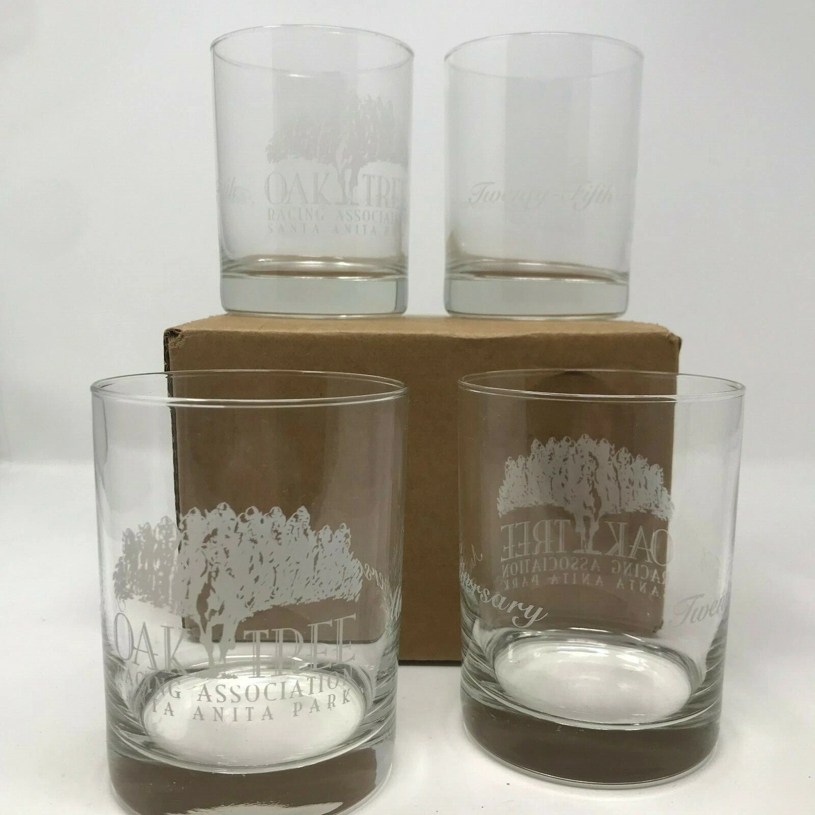 Santa Anita HORSERACING OAKTREE VINTAGE WHISKEY GLASSES 25 YEAR ANNIVERSARY