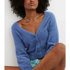 Aerie Fuzzy Cropped Cardigan Blue Deep V-Neck Button Front Size Small Soft #2926