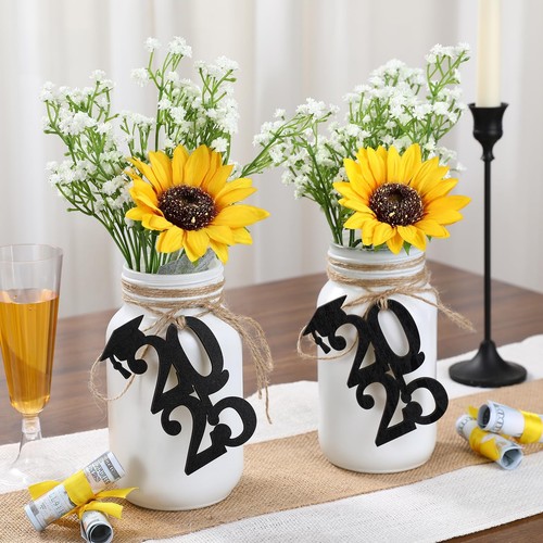 Graduation Decorations Class of 2025 2PCS Glass Mason Jars with 2025 Wooden T...