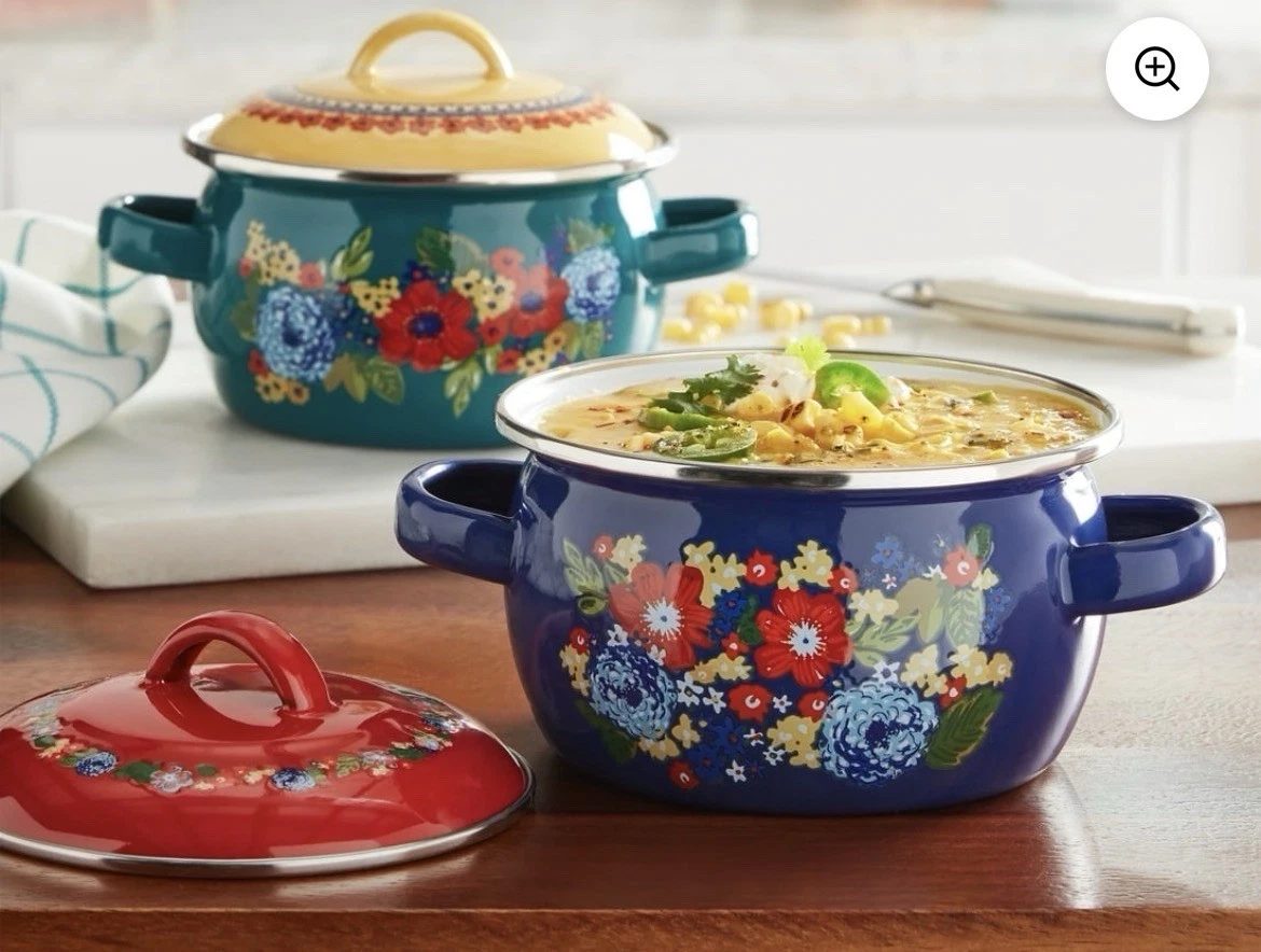Lot Of 2 Pioneer Woman Dazzling Dahlia Mini Dutch Ovens Steel w/Enamel Finish