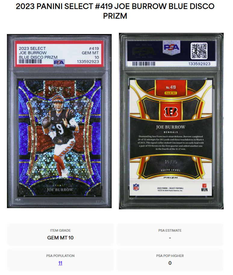 2023 Panini Select Joe Burrow Suite Level #419 Blue Disco Prizm #15/25 PSA 10 view 3