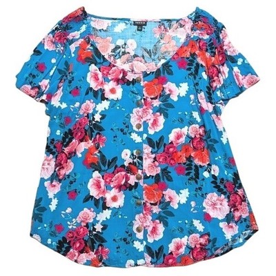 Torrid Plus 1 1X 14 16 Vibrant Blue Hot Pink Floral Blouse Babydoll Top Shirt