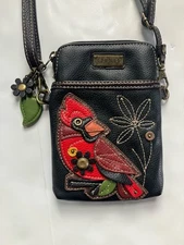 Chala Black Red Cardinal Bird Flower Leaf Front Pocket Top Zip Crossbody Bag EUC
