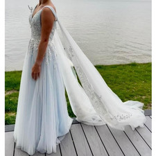 Sherri Hill Dress 2 Lace Chiffon Blue White Train Floral Wedding Fairycore
