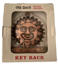Copper Sun Face Wall Key Rack Old Dutch Decor Sunburst  5 Hooks Preowned Vintage
