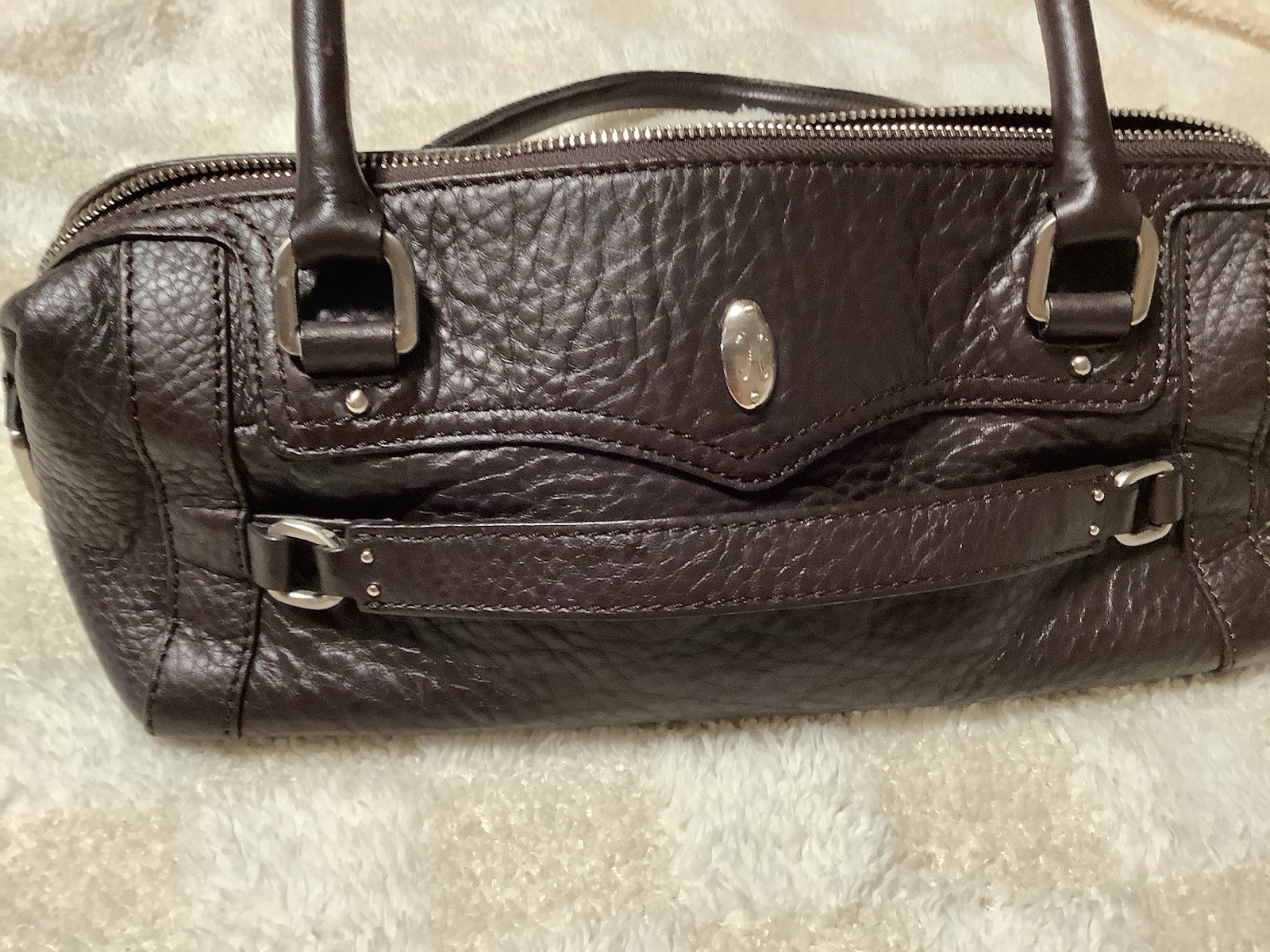 Cole Haan Brown Pebbled Satchel Top Handle Bag Buckle Zipper Accent
