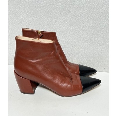 Roberto Cavalli Tan Leather Black Cap Toe Pointed Block Heel Ankle Boots 37.5