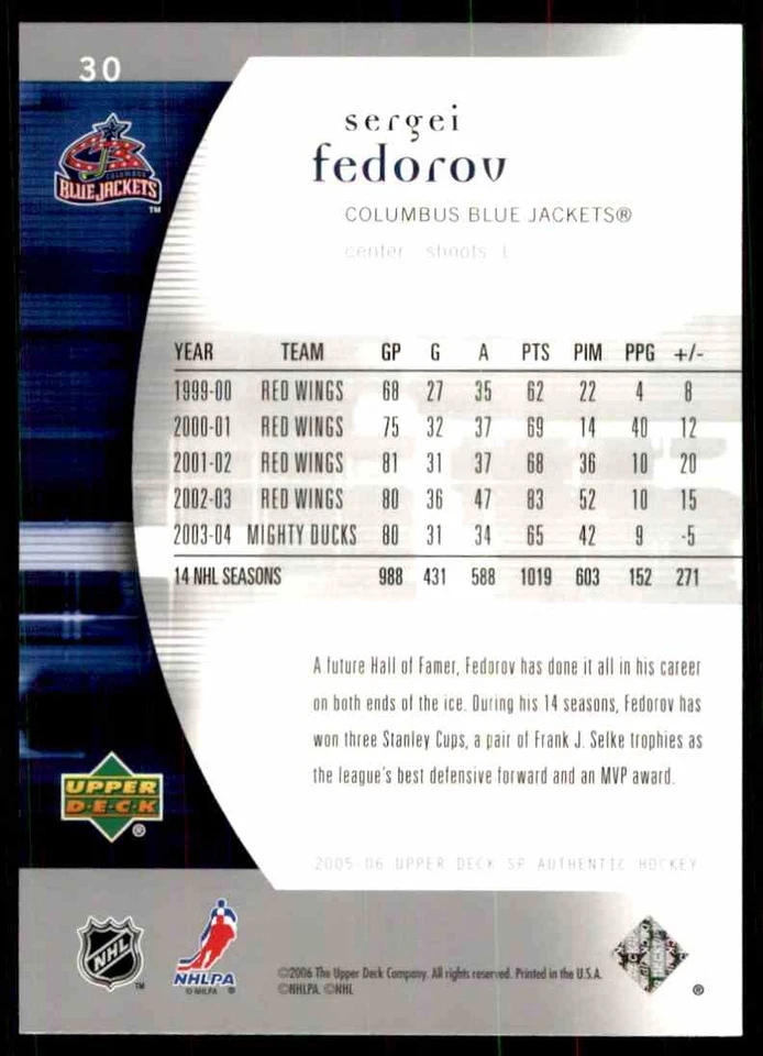 2005-06 SP AUTHENTIC SERGEI FEDOROV COLUMBUS BLUE JACKETS #30 - Image 2 of 2