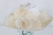 Vintage 80s 90s Wide Brimmed Feather Ribbon Rhinestone Church Wedding Hat Large