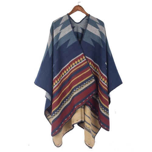 Women Ethnic Faux Wool Shawl Cloak Cape Boho Coat Poncho Cardigan Jacket - Picture 3 of 8