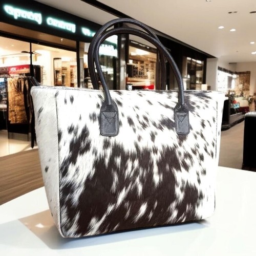 Handmade Cowhide Leather Tote Bag – Large Black & White Hair-On Hide Shoulder ba - Picture 2 of 7