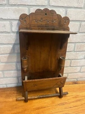 Antique Oak Eastlake Victorian Wall Pocket Shelf w/ Towel Rack & Candle Holders