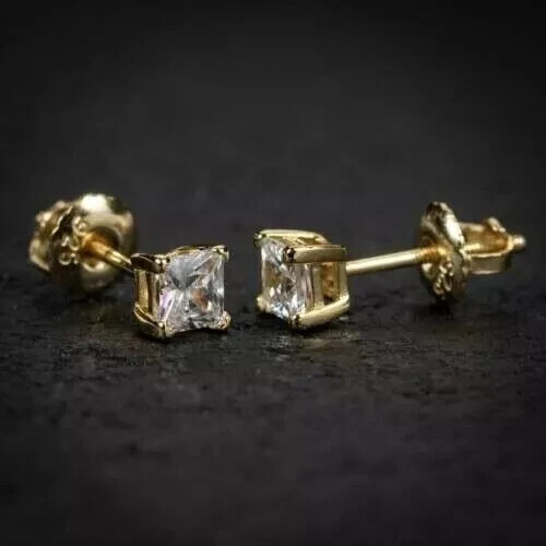 Princess 2Ct Lab Created Diamond Solitaire Stud Earrings 14K Yellow Gold Plated - Picture 2 of 9