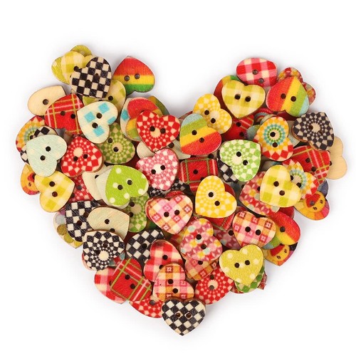 Heart Shaped Buttons - 100 Pcs 1618mm Wooden Colorful 2 Holes Mixed Decorativ...